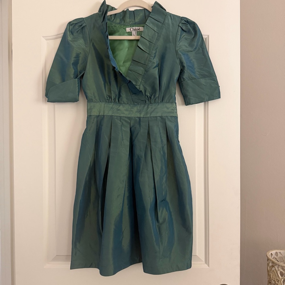 Chloé 100% Silk Teal Fit & Flare Dress Pleated Ruffle Neck FR 36 US 2